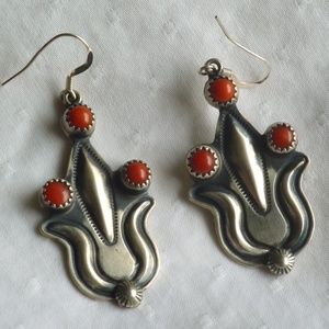 Sterling Silver and Coral Native American Earrings